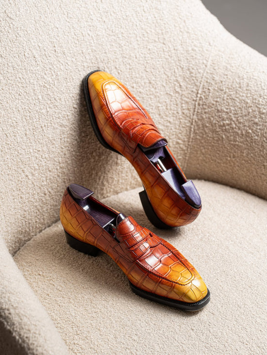 Tan Italian Croc Leather Patina Emeric Slip On Penny Loafers - Loafers