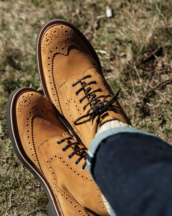 Tan Italian Suede Leather Brogue Wingtip Goodyear Welted Oxfords - Formal Shoes