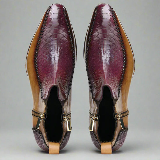 Tan Leather And Burgundy Croc  Draven Zipper Boots - Boots