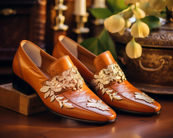 Tan Leather Embroidery Work Peshawari Loafers | Wedding Shoes for Groom | Shoes for Haldi Mehendi Sangeet