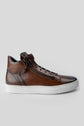 Tan Leather High Top Lace Up Sneakers With Two Side Zip And White Sole - Sneaker Shoes