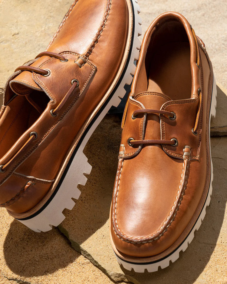 Tan Leather Hyperion Lace Up Chunky Boat Shoes with White Soles Boat