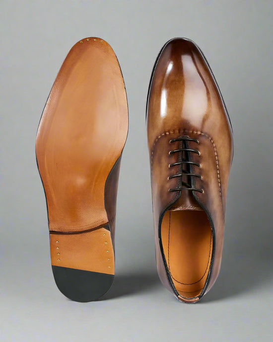Tan Leather Round Toe Modena Whole Cut Formals - Formal Shoes