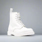 White Italian Leather Appoggio Ankle Rugged Lace Up Combat Hiking Boots with Chunky Track Sole - Boots