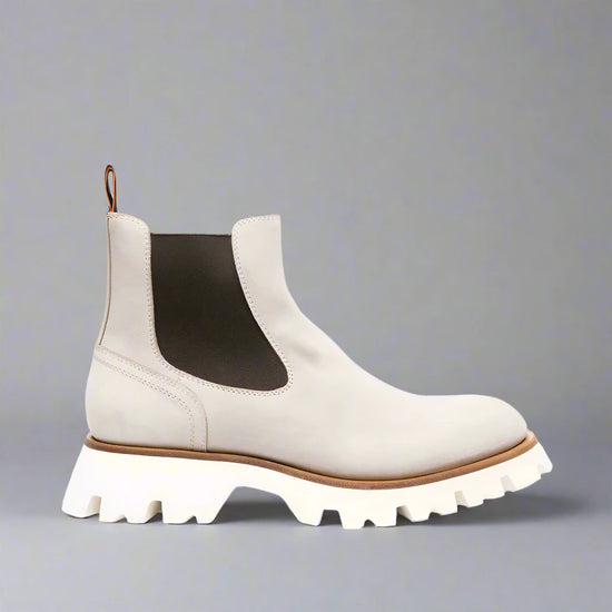 White Italian Suede Leather Combat Hiking Boots with Chunky Track Sole - Boots