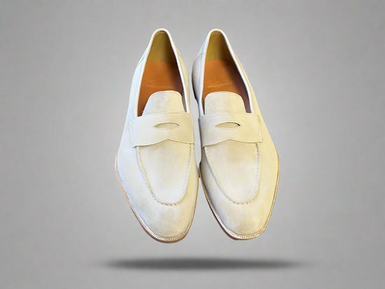 White Italian Suede Leather Penny Loafers - Loafers Shoes
