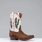 White Leather And Brown Suede Barstow Slip On Western Cowboy Boots With Cactus - Cowboy Boots