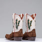 White Leather And Brown Suede Barstow Slip On Western Cowboy Boots With Cactus - Cowboy Boots