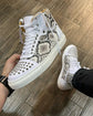 White Leather And Snack Pattern Leather High Top Lace Up Sneakers With White Sole - Sneaker Shoes
