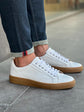 White Leather Low Top Lace Up Sneakers with Brown Sole - Sneaker Shoes