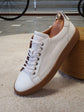 White Leather Low Top Lace Up Sneakers with Brown Sole - Sneaker Shoes