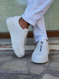 White Leather Mid-Top Zipper Sneakers with White Sole - Sneaker Shoes