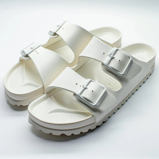 White Leather Pearl Pamper Slippers with Buckle - Slippers