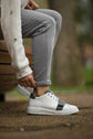 White and Grey Leather Low Top Lace Up Sneakers with White Sole - Sneaker Shoes