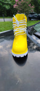 Yellow Leather Ariete Ankle Rugged Lace Up Combat Hiking Boots with Chunky Track Sole - Boots