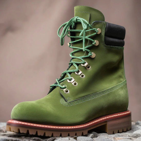 Green Suede Italian Leather Appoggio Ankle Rugged Lace Up Combat Hiking Boots with Chunky Track Sole - Boots