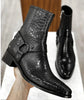 Black Croc/Python/Snake Animal Print Leather Alessia Slip On Zipper Harness Boots for Men - Boots