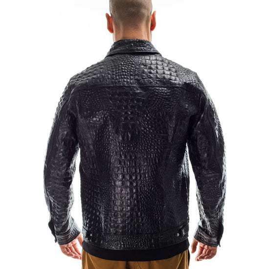 Italian handmade Men Black Italian leather jacket embossed alligator crocodile texture - Leather Jackets