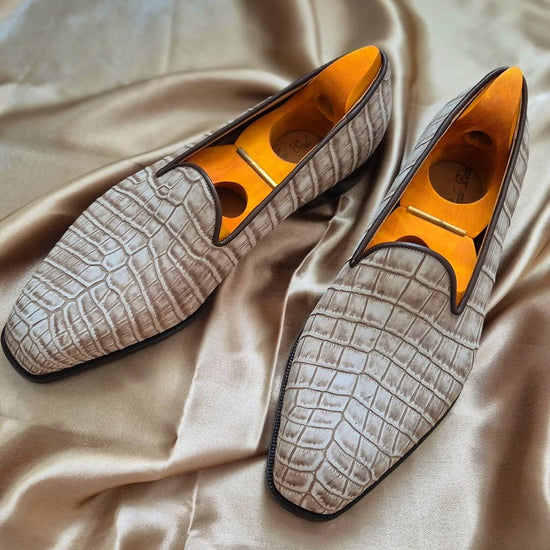 GREY CROC LEATHER EMERIC SLIP ON LOAFERS SHOES - LOAFERS