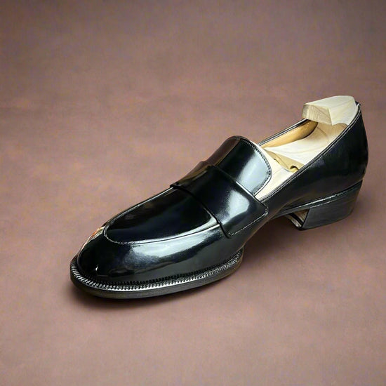 Black Italian Leather Handcrafted Slip On Penny Loafers - Loafers