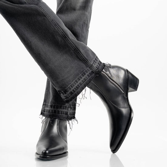 Black Leather Slip On Chelsea With Zipper Pointed Boots - Boots