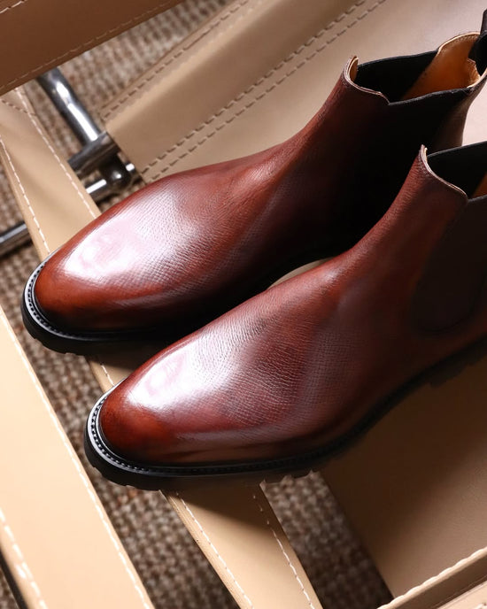Brown Italian Leather Slip On Round Toe Chelsea Boots - Boots