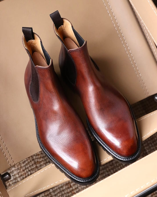 Brown Italian Leather Slip On Round Toe Chelsea Boots - Boots