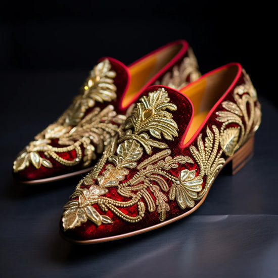 Artisian Made Maroon Velvet Hand Work Zardozi Peshawari Loafers | Wedding Shoes for Groom | Shoes for Haldi Mehendi Sangeet