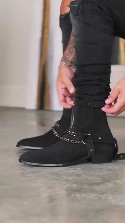 Black Italian Suede Ravian Harness Chelsea Boots with Chains - Chelsea Boots02